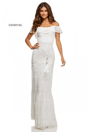 Size 2 Ivory Sherri Hill 52688 Off Shoulder Lace Ruffle Prom Dress