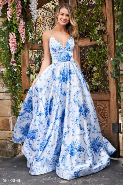 blue floral prom dress