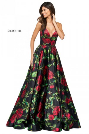 Size 4 Black/Red Sherri Hill 53896 Floral Print Deep V Gown