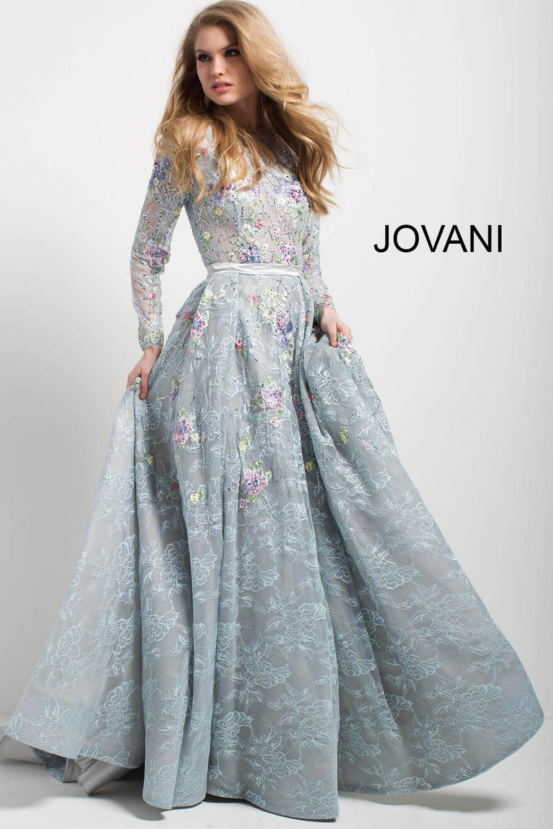 long sleeve floral evening gown