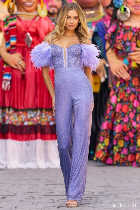 French Novelty Sherri Hill 55352 Feather Sleeve Jumpsuit