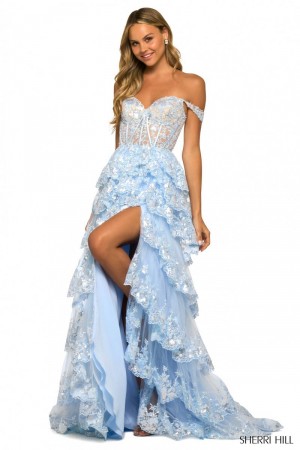Size 10 Gold Sherri Hill 55500 Delicate Ruffle Tiered Gown