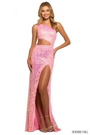 Size 0 Pink Sherri Hill 55517 One Shoulder Cutout Sequin Gown