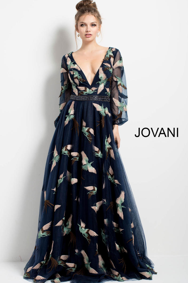 French Novelty: Jovani 55717 Long Sleeve Plunging V Bird Print Gown