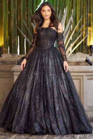Sherri Hill 55741 Shimmering Ball Gown with Sheer Sleeves