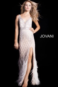 Jovani 55796 Beaded Gown with Feathers
