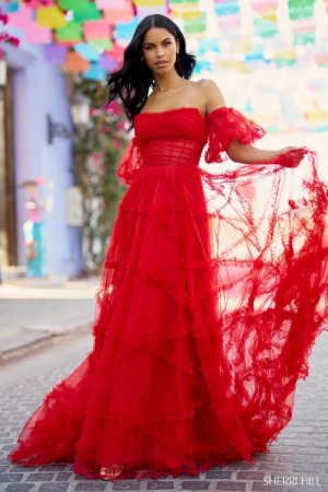 Sherri Hill 55840 Puff Sleeve Sheer Ruffle Gown