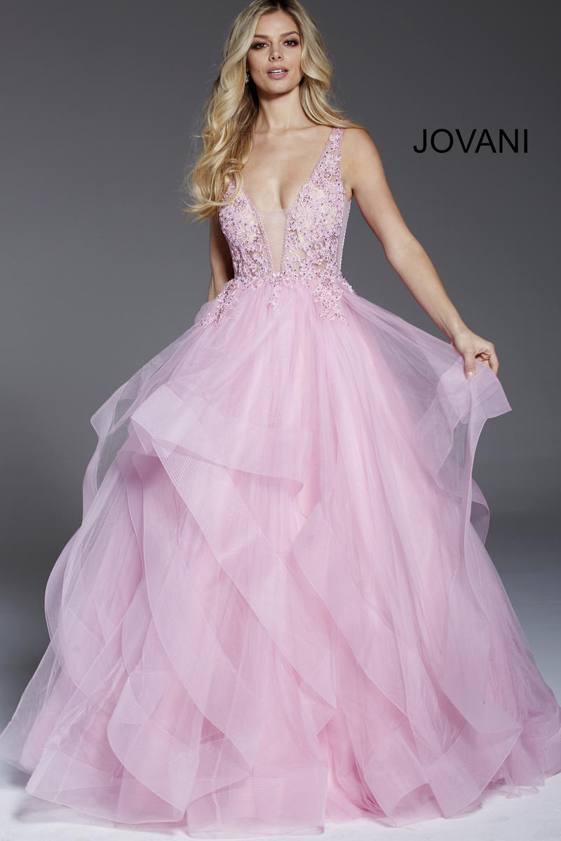 French Novelty: Jovani 59073 Gown with Sheer Tiered Skirt