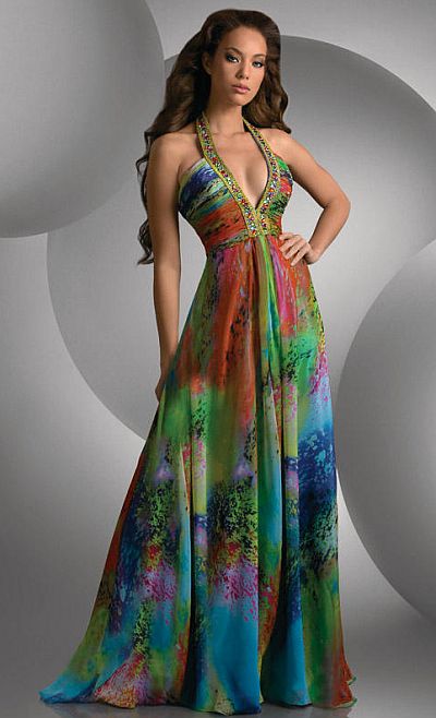 Shimmer Colorful Print Deep V Neck Prom Dress 59438 by Bari Jay: French ...