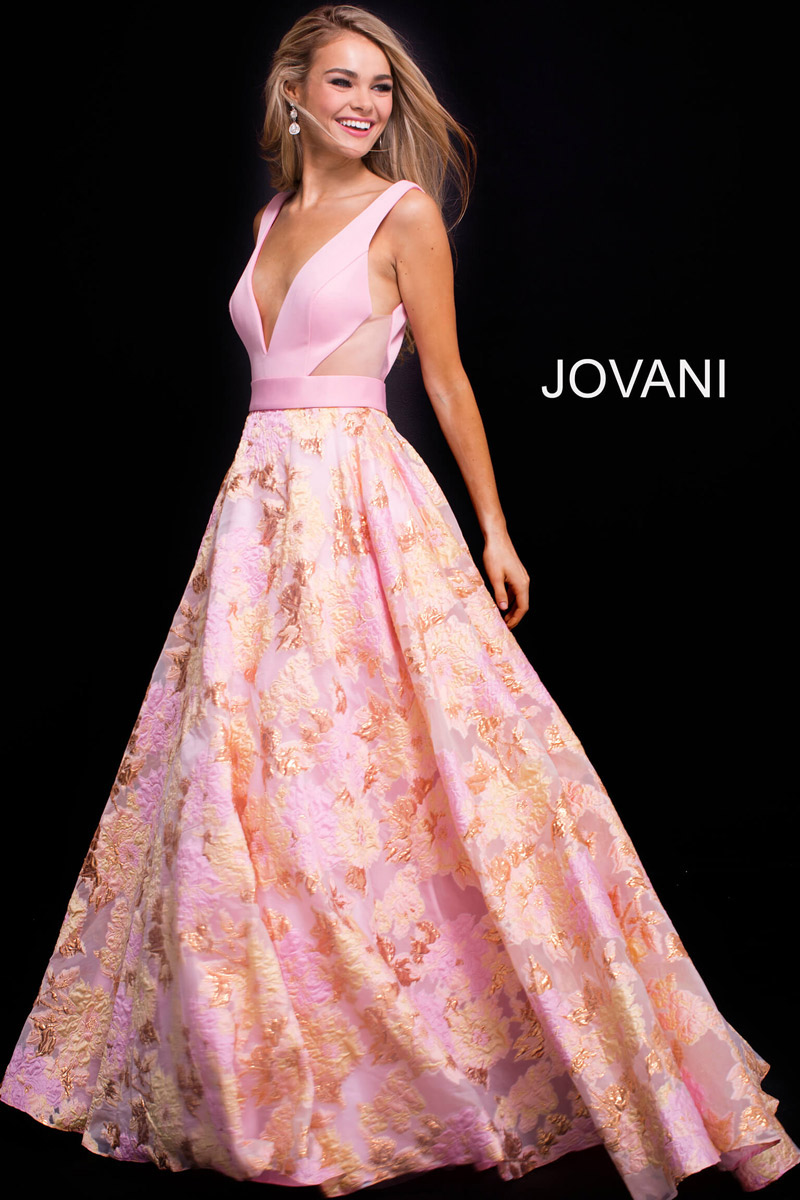 Jovani 59799 Sheer Side Floral Gown: French Novelty