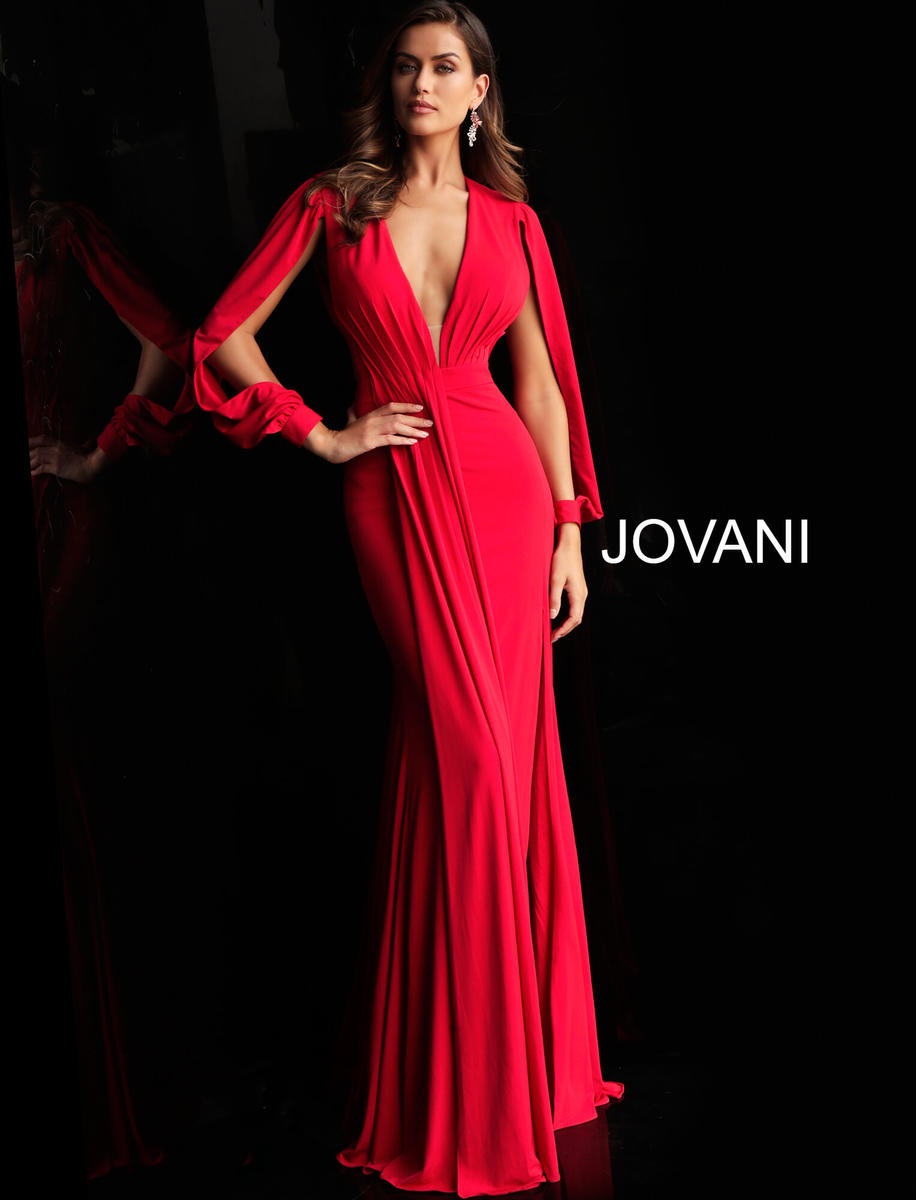 French Novelty: Jovani 59912 Plunging Neck Gown with Slit Long Sleeves