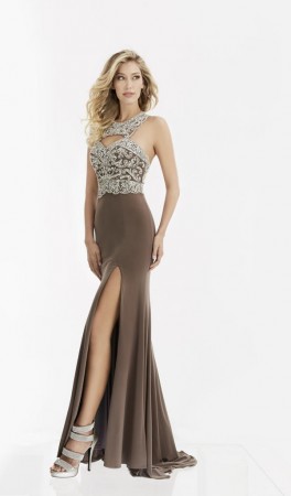Size 10 Mocha Jasz Couture 5994 Gown with Double Racer Back