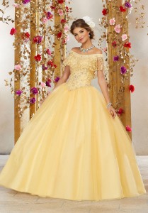 Image of Size 00 Yellow Valencia 60075 Off Shoulder Flounce Quinceanera Dress