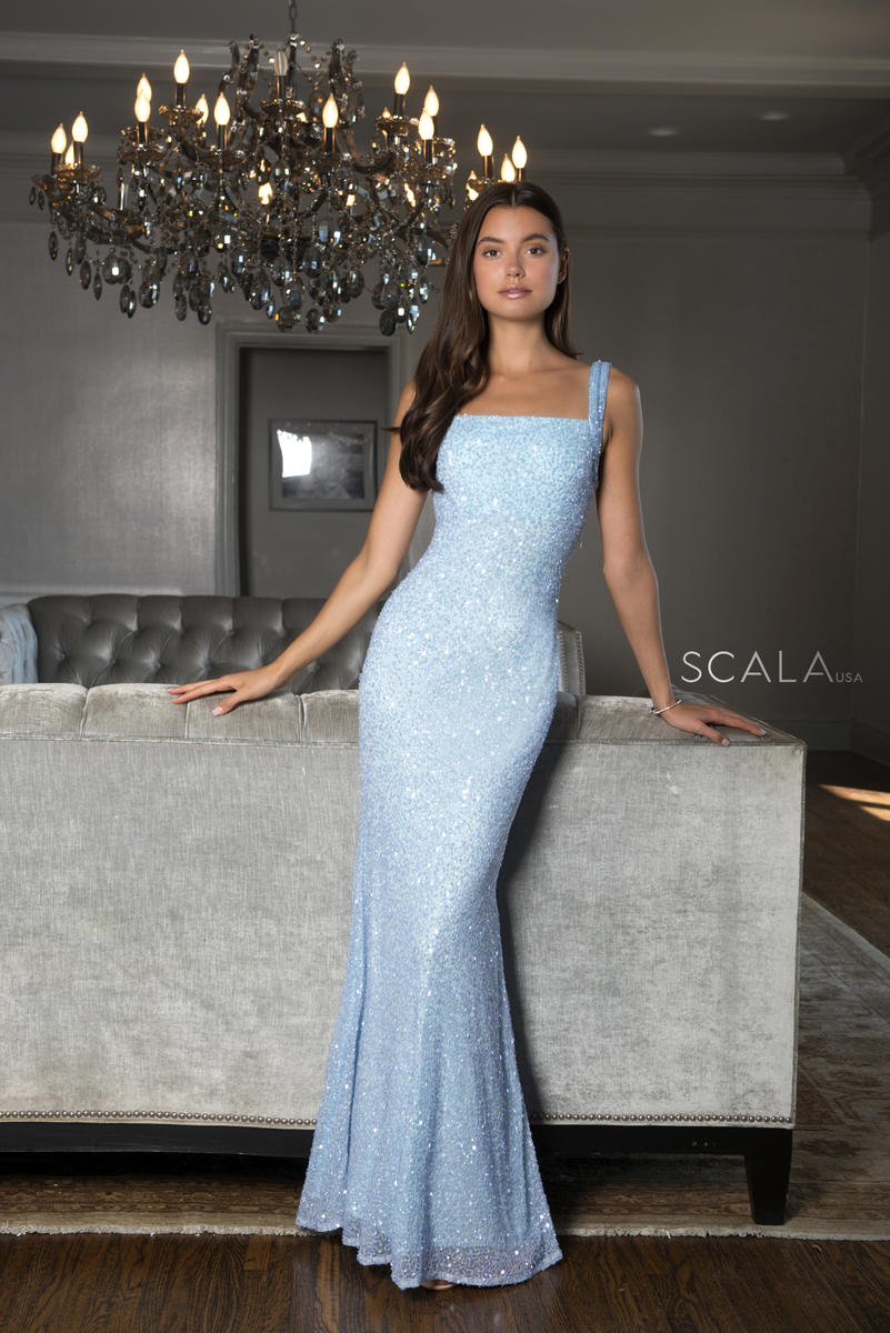 Ice Blue Scala 60095 Scoop Back Sequin Gown