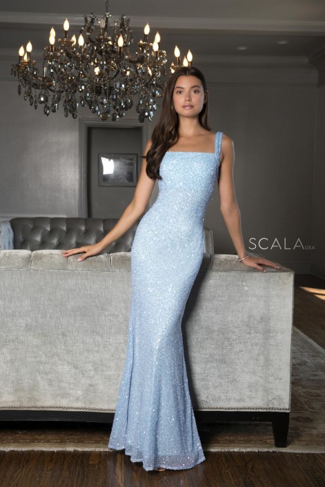 French Novelty Size 14 Ice Blue Scala 60095 Scoop Back Sequin Gown