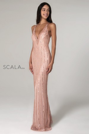 Scala 60102 Sequin Stripe Deep V Gown