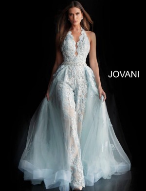 Jovani 60124 Lace Halter Jumpsuit with Removable Overskirt