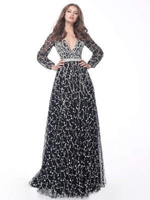Jovani 60421 Deep V Long Sleeve Evening Dress