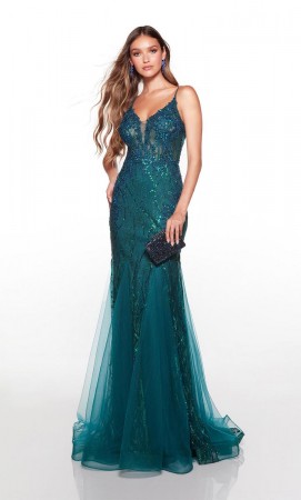 Size 6 Gold Alyce Paris 61419 Glitter Tulle V Back Prom Dress