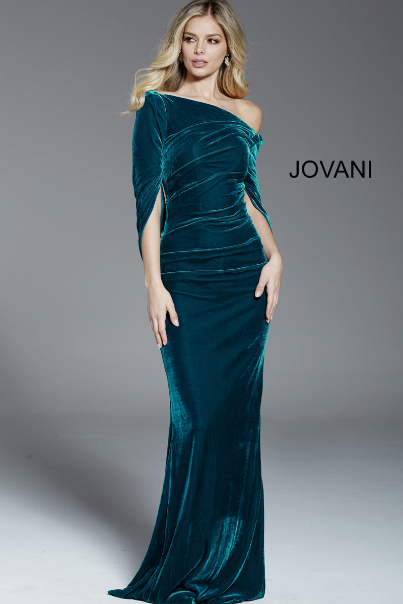 French Novelty: Jovani 61631 Backless Asymmetrical Neck Velvet Gown