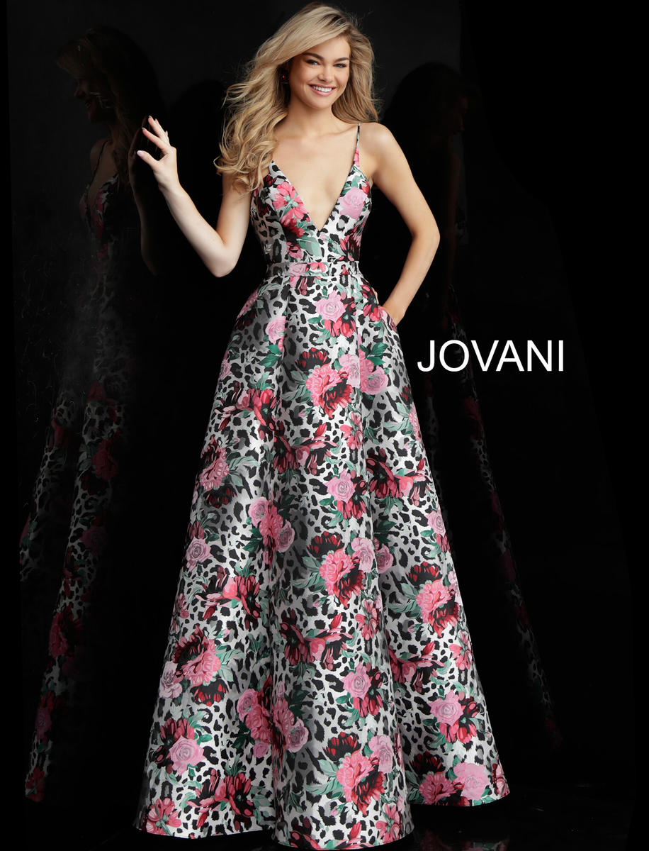 French Novelty: Jovani 61908 Colorful Floral Deep V Prom Gown