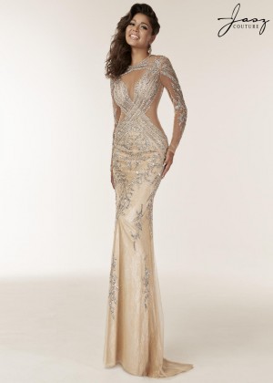 Jasz Couture 6204 Sheer Long Sleeve Beaded Gown