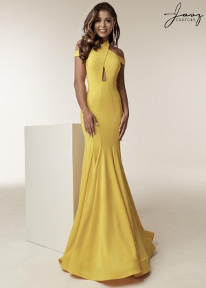 Size 4 Yellow Jasz Couture 6238 Keyhole Off Shoulder Halter Gown