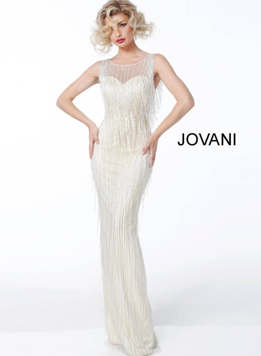 Jovani 62678 Gown with Illusion and Fringe: French Novelty