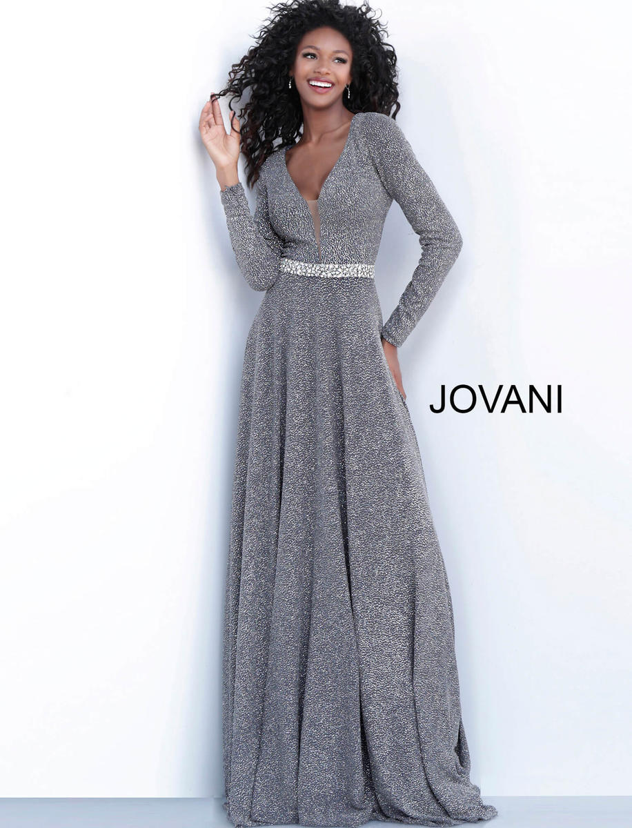 French Novelty Jovani 62812 Long Sleeve Gown with Embellished Belt