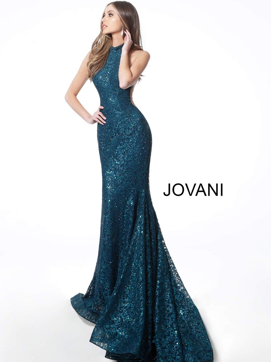 French Novelty: Jovani 64522 Glitter Lace High Neck Gown
