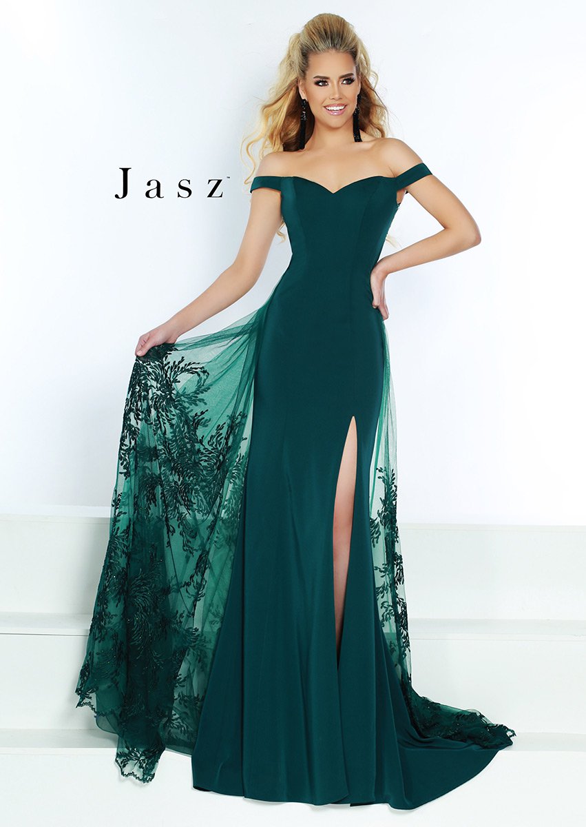 French Novelty: Jasz Couture 6461 Off Shoulder Gown with Sheer Overskirt