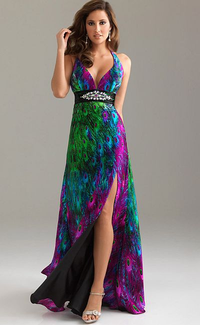 Night Moves Peacock Print Prom Dress with Crystals 6485: French Novelty