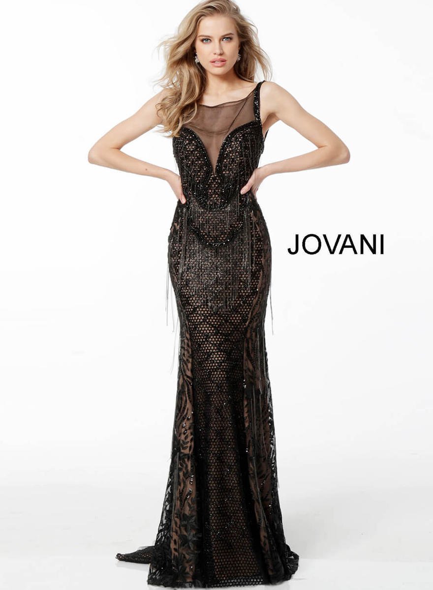 French Novelty: Jovani 66000 Sheer Embellished Gown with Fringe