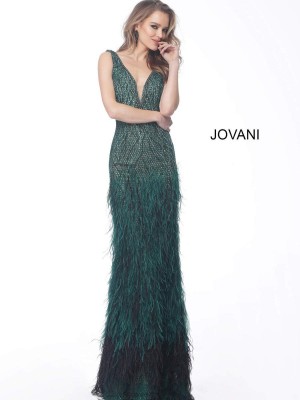 Jovani 66003 Slim Gown with Feather Skirt