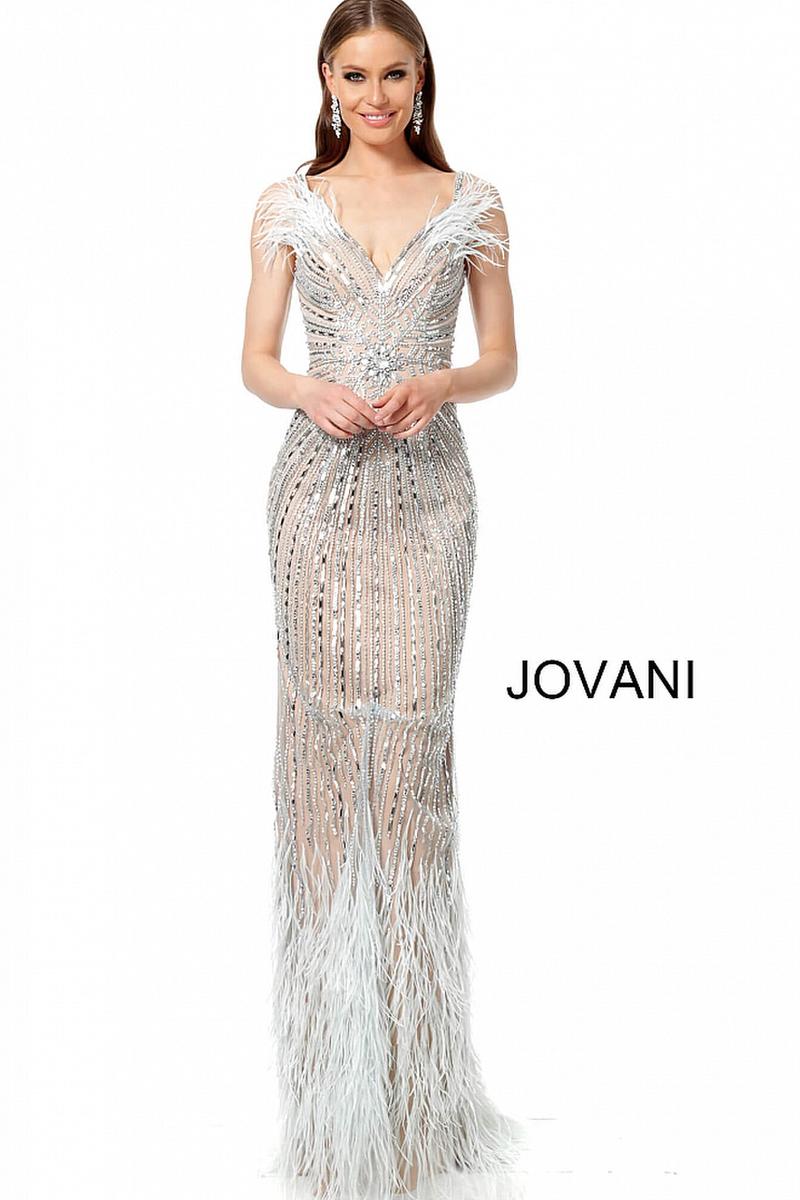 French Novelty: Jovani 66234 Beaded Feather Designer Evening Dress