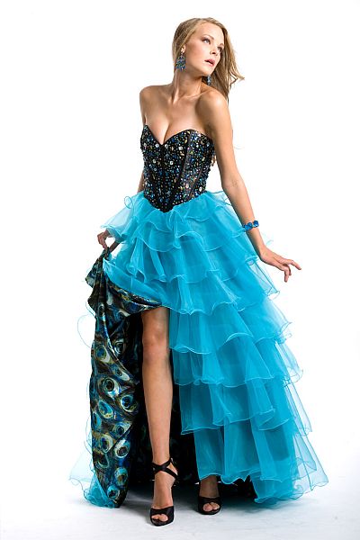 Party Time Peacock Print Organza Ruffle Prom Dress 6707: French Novelty