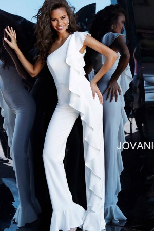 Jovani 67840 One Shoulder Ruffle Evening Jumpsuit