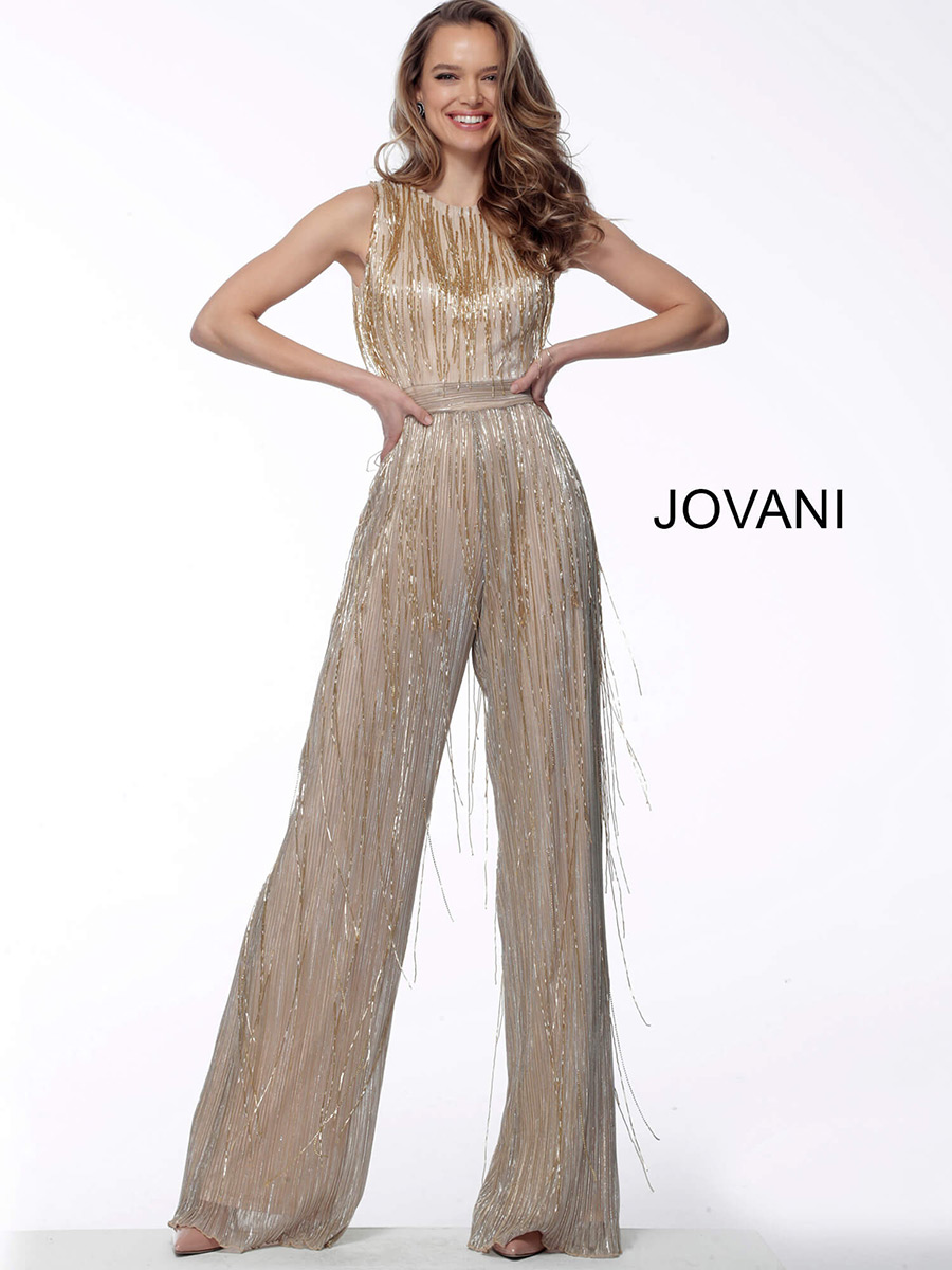 French Novelty Jovani 67878 Fringe Jumpsuit