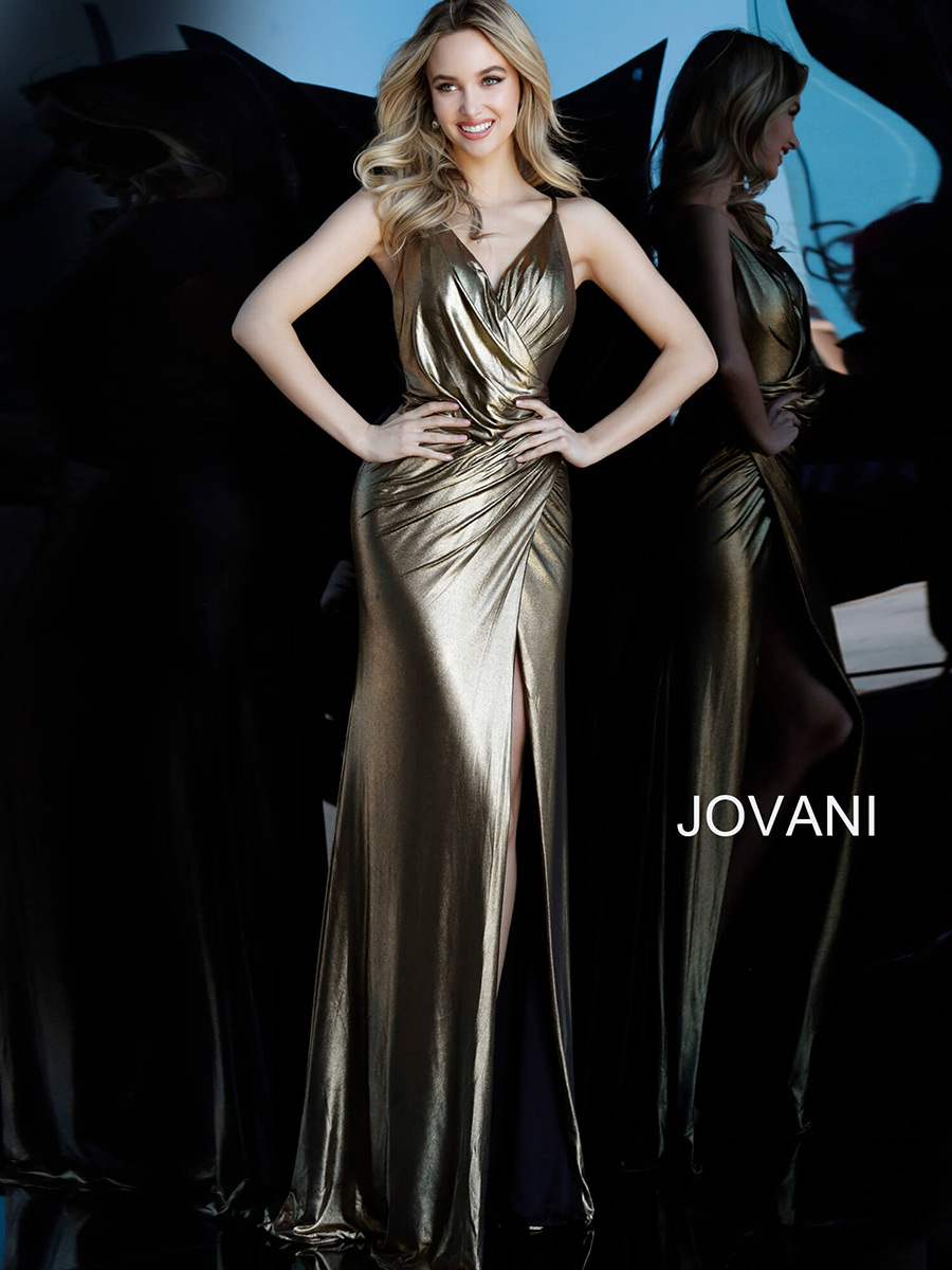 jovani sleeveless ruched evening gown