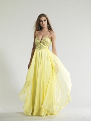 Size 14 Yellow Dave and Johnny 681 Prom Gown with Laceup Back
