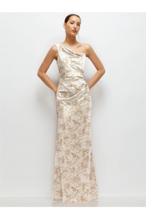 After Six 6904FP One Shoulder Cowl Print Bridesmaid Dress