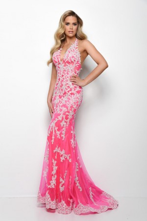 Size 4 Hot Pink Jasz Couture 7022 Sparkling Halter Prom Dress