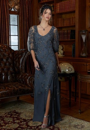 MGNY by Morilee 72844 Sheer Pouf Sleeve Beaded Gown