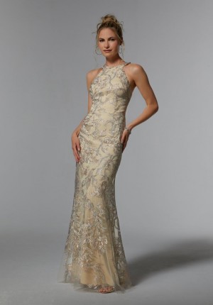 Size 10 Champagne MGNY by Morilee 72939 Sultry Sheer Back Mothers Gown