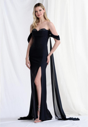 MGNY by Morilee 73176 Off Shoulder Gown with Streamers