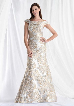 MGNY by Morilee 73181 Ruffle Back Metallic Brocade Gown