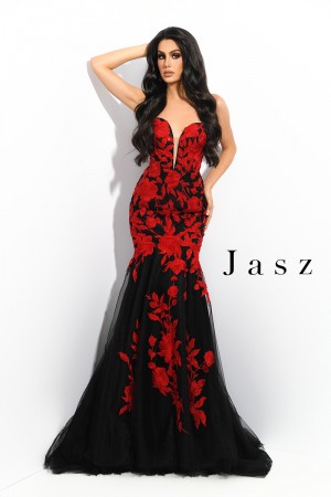 Size 6 Red Jasz Couture 7328 Floral Mermaid Dress