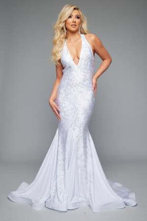 Jasz Couture 7609 Deep V Beaded Halter Prom Dress