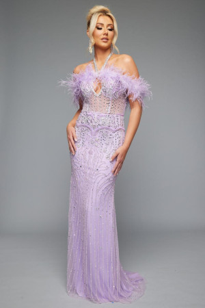 Jasz Couture 7630 Feather Off Shoulder Beaded Gown