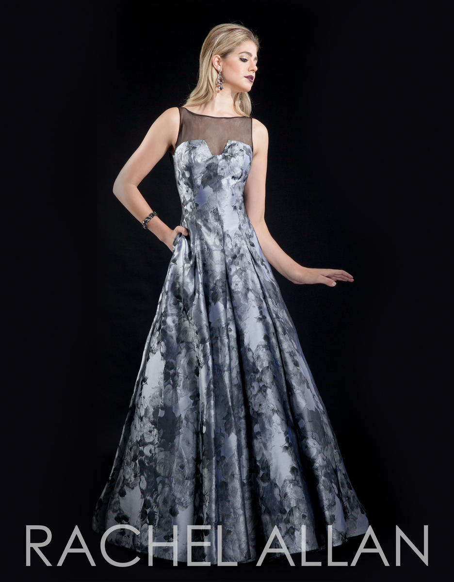 French Novelty: Rachel Allan Couture 8008 Print Satin Gown with Pockets